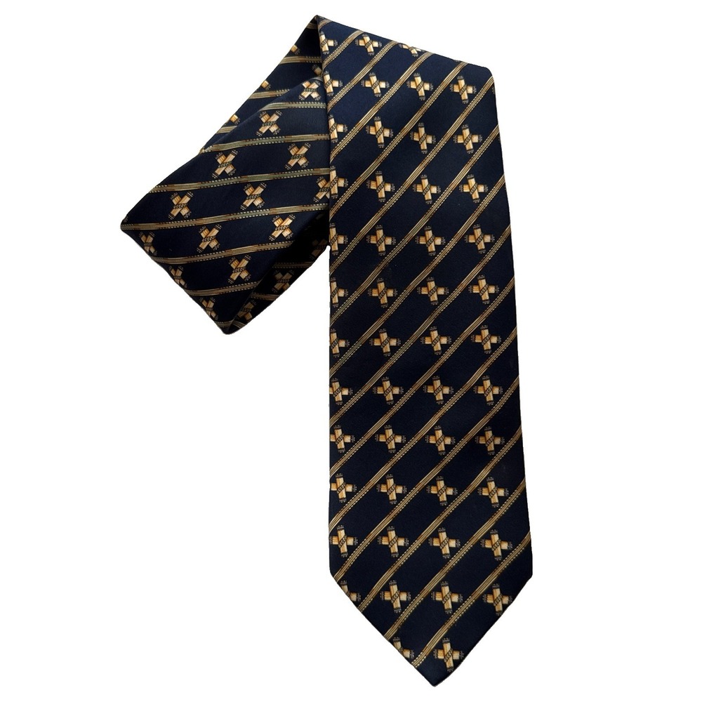 Brioni Silk Tie Men Navy Gold Foulard Geometric Stripe Handmade in Italy Vintage